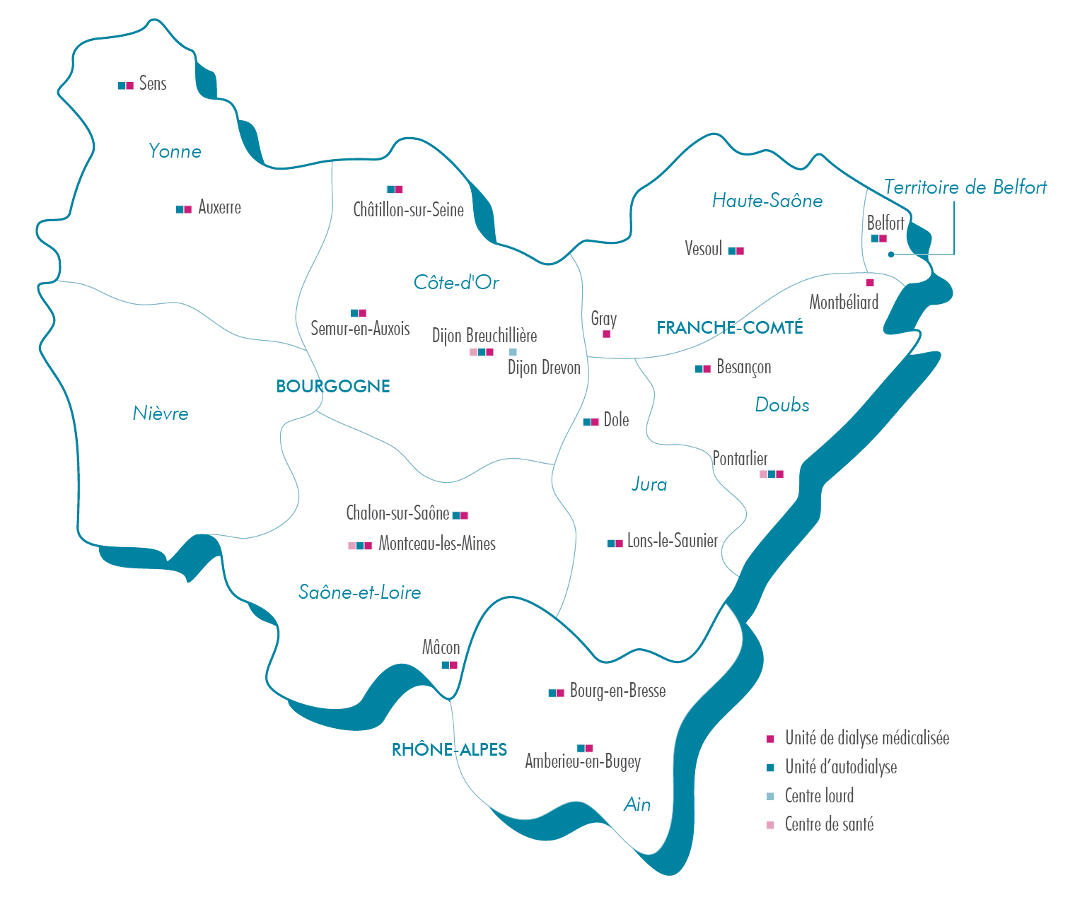 Carte des implantations de Santélys Bourgogne - Franche-Comté